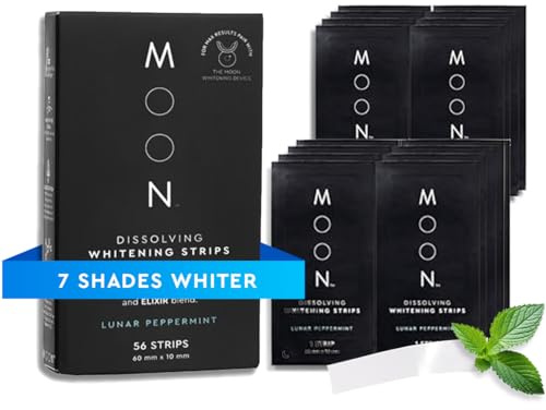 MOON Dissolving Teeth Whitening Strips, 56 No Rinse White Strips, Peppermint, Hydrogen Peroxide & Essential Oils, Whiten Sensitive Teeth up to 7 Shades in 2 Weeks, Travel Essentials, Vegan Oral Care
