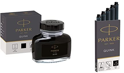 PARKER tintero de tinta líquida quink para plumas estilográficas, 57 ml, en caja, color negro + Quink recambios para plumas estilográficas, cartuchos largos, tinta negra, caja de 5