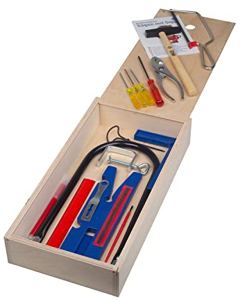 Juego de herramientas para sierra de marquetería, 23 piezas, en práctica caja de madera, ideal para aficionados o para la construcción de maquetas, fabricado en Alemania.