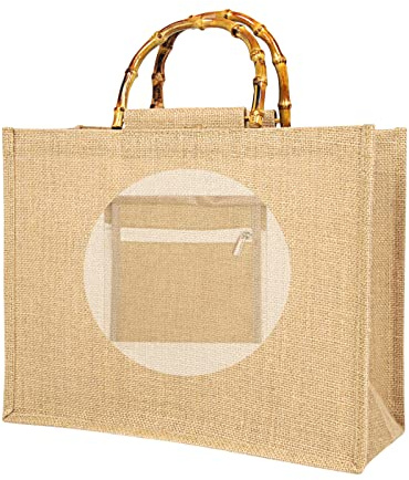 Tibroni Bolsa para la Compra Portátil, Bolsa Portátil de Yute Natural, Bolsa de Yute con Asas de Bambú, Perfecta para Compras, Picnic, Regalos, Viajes, Playa