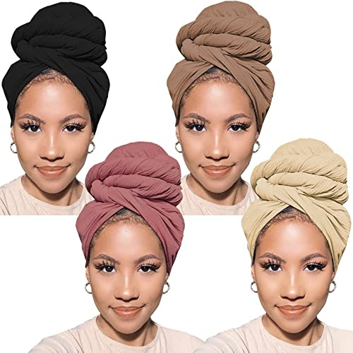 PWEOUKE 4 Pcs Head Wraps for Women Solid Color Soft African Head Scarf for Hair Jersey Turban Long Breathable Head Band Tie