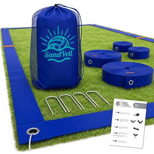 SandVoll strandvolleybolllinjer för gräs – 5 cm (26,3 tum x 52,6 tum) + metallinsatser och nätväska – bärbara gränslinjer set för utomhus – blå