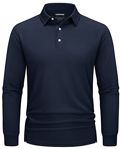 TACVASEN Polo para Hombre de Manga Larga para Golf, de Secado Rápido, Camisas Funcionales, Ligeras, con Cuello de 3 Botones, azul marino, M