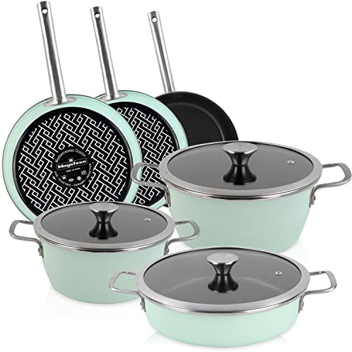 Magefesa Nordic Batería Cocina Inducción 9 Piezas, Antiadherente Libre PFOA Esmalte Exterior Verde Menta, Set Cazuelas Tapa Vidrio, Sartenes, Herrajes Inox Satinados, Retro Estilo Vintage