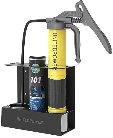 UNITEDPOWER Grease Gun Holder, Wall Mount Grease Gun Storage Rack, Organizer for Workshop, Shop, Garage with Removable Drip Cups & Spare Cartridge Holder