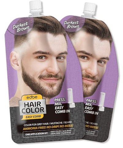 Edbe edbe Hair Color Easy Comb Darkest Brown (lot de 2) : teinture pour cheveux gris, moustache et barbe pour homme avec un kit d'une seule application, marron plus foncé, 100 ml (paquet D