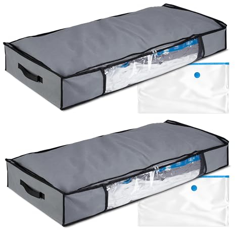 Relaxdays Set di 2 cassettiere sotto Il Letto Contenitori Sottoletto con Sacchi Sottovuoto, Set da 2, Borse Organizer per l'Armadio con Vacuum Bags, Grigio, 15 x 100 x 45 cm