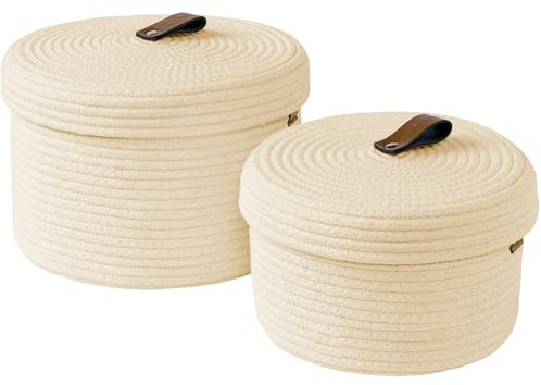 Oenothera 2 Pièce Corbeille Rangement, Boite de Rangement avec Couvercle, Panier en Corde de Coton Tissé, pour Salon étagères Chambre à Coucher（Blanc）