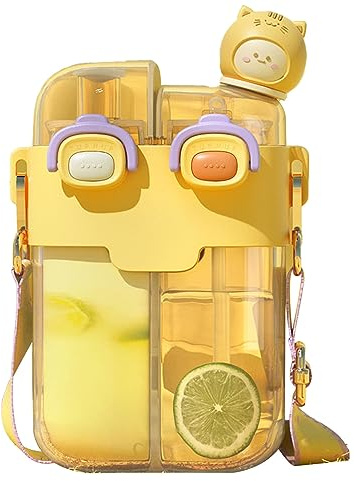 Botella de agua Kawaii de moda con correa y dos compartimentos - Botella de agua para beber a prueba de fugas con correa ajustable para deportes al aire libre, yoga, gimnasio y camping (Vitality