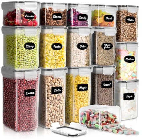 HEFTMAN Airtight Food Storage Container - Set of 16 Plastic Kitchen Storage Containers - Clear, BPA-Free Cereal, Flour, Pasta Storage Containers with Labels & Pen Pantry Organizers and Storage