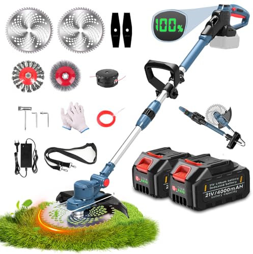 Rasentrimmer mit Akku und Unkrautbürste, 5 In 1 Akku Rasentrimmer für Makita Akku, Akku Freischneider mit 2X4.0Ah Akku, Kann gefaltet Werden, Brushless Freischneider, Elektro Motorsense
