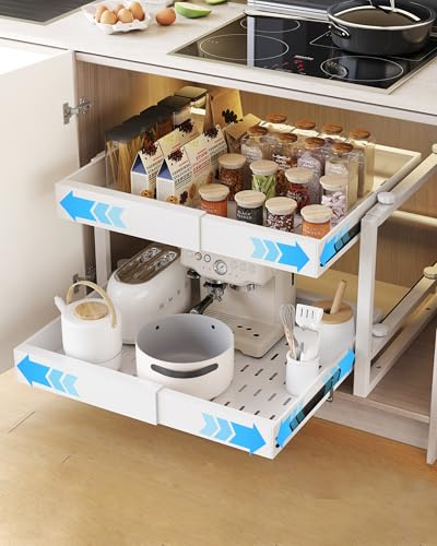 UMDONX Expandable Pull out Cabinet Storage Organiser Kitchen Cupboard Drawers with Frame, 2 Tier No Drill Peel and Stick Pantry Shelf Rack (Durable Metal White Load 65LBS)