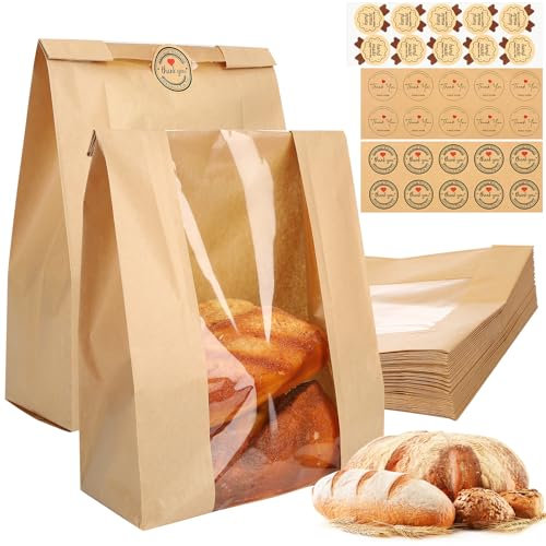 saerryor 30 Pack Paper Bread Bags for Homemade Bread | Sourdough Bread Bag with Window | Large Bakery Bags with Thank You Stickers | Sandwichbags for Storage Bread Cookies & Snacks 13.78x8.27x3.5 In