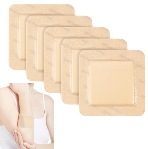 5 medicazioni in schiuma di silicone, 10 cm x 10 cm (6,5 cm x 6,5 cm), adesivo in schiuma di silicone, medicazione autoadesiva per ferite da decubito, ustioni, vesciche