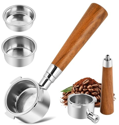Ecofocet Portafiltro sin fondo de 51 mm con 3 Orejas Compatible con DeLonghi Dedica EC680/EC685/EC885, Portafiltro de Café con Mango de Madera Maciza y 2 Cesta de Filtro de Acero Inoxidable