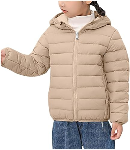 AMhomely Kids Lightweight Puffer Jacket-Hooded Padded Down Coat with Pocket,Windproof,Full Zip,Winter Quilted Jacket for Outdoor School,Boys Girls B Khaki 10-12 Years