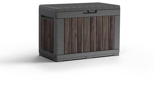 Keter Gartentruhe KENTWOOD 190L Decocoat – Wetterfeste Gartenbox in Rosenholzoptik mit Sitzfunktion – UV-beständige Aufbewahrungsbox, abschließbar, für Innen- & Außenbereich