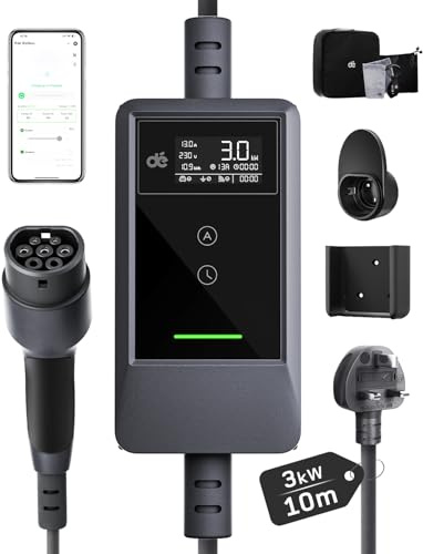dé EV Charger 3 Pin Plug 10m with App, 3kW Electric Car Charger Type 2