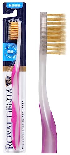 Royal Denta Manual Toothbrush for Adults, Medium Soft Toothbrush with Dual Length Gold Bristles, Interdental, Flossing Brush & Teeth Whitening, Ergonomic Grip Handle (Pink)