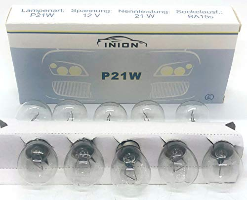 INION 10x Stück – P21W - BA15s - 12V - 21W - KFZ Beleuchtung Glühlampe Kugellampe Bremslichtlampe Nebelschlusslampe Rückfahrlicht Tagfahrlicht Glühbirne Soffitte Autolampen/chiavi