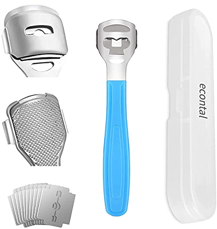 Econtal Hornhauthobel, Hornhautentferner, Hornhautraspel Fuß, Hornhautscharber für Fußpflege, Fußhobel mit Kunststoffgriff, 10 Klingen und Box