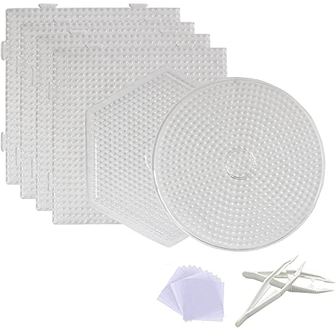 Bügelperlen Platten, 6 Stück 5mm Stiftplatte für Bügelperlen, Transparent Bügelperlen Vorlagen, Groß Quadrat Sechseck Rund Steckperlen Platte Set für DIY Prozess Manuelle Erstellung