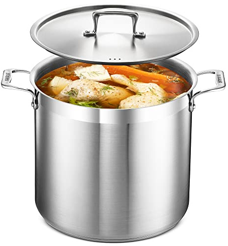 Stockpot – 16 Quart – Brushed Stainless Steel – Heavy Duty Induction Pot with Lid and Riveted Handles – for Soup, Seafood, Stock, Canning and for Catering for Large Groups and Events by BAKKEN
