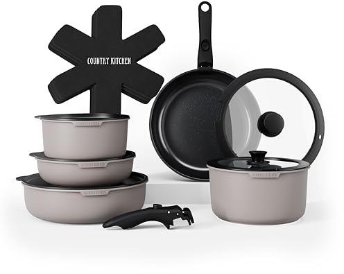 Country Kitchen 16 Piece Pots and Pans Set - Safe Nonstick Kitchen Cookware with Soft Touch Removable Handle, RV Cookware Set, Oven Safe (Grey)
