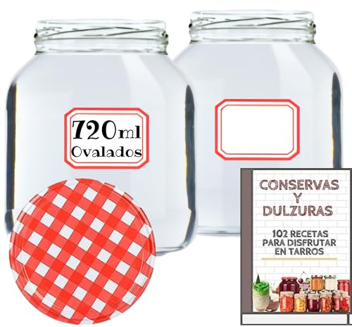 Awiku 12 Tarros de Cristal de 720 ml Ovalados con Tapa de Rosca Hermética de metal + Ebook de 102 Recetas - Frascos para Conservas, Salsas, Mermelada, Puré - Incluye Etiquetas (12)