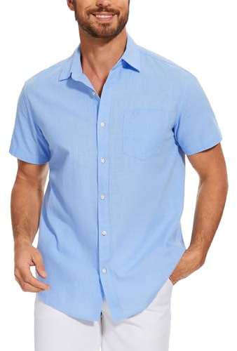 iClosam Camicia Lino Uomo Cotone Maniche Corte Estiva Camicie Shirt Uomo Casual