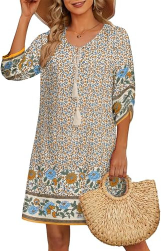 Zeagoo Women's Crew Neck Summer Midi Dress Casual Half Sleeve Dress Knee Length Loose Dresses Beach Holiday Sundress Bohemian L Apricot