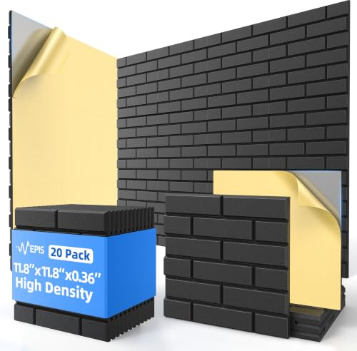 20 Pack Acoustic Panels with Self Adhesive, 11.8 X 11.8 X 0.36 High Density Sound Proof Foam Panels for Wall, Soundproof Wall Panel, Brick Sound Absorbing Panel for Home Studio Office Decor - Black