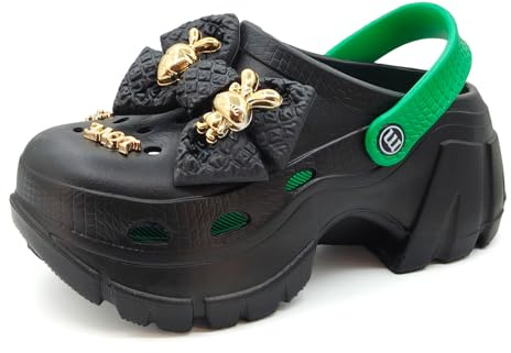 Sunporx Plattform för kvinnor träskor hög plattform trädgård clog sandaler strand halkfria träskor söt mode rosett tillbehör tjock botten träskor, Svart, 5.5-6 US