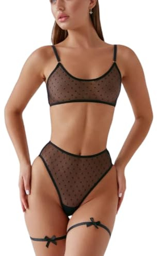 Set Lingerie Minimalista Trasparente Sexy Donna,Completi Intimi Maglia Pizzo con Anelli Le Gambe,Reggiseno Soft Perizoma 3 Pezzi,Biancheria Intima Spalline Regolabili,Sleepwear Elegante San Valentino