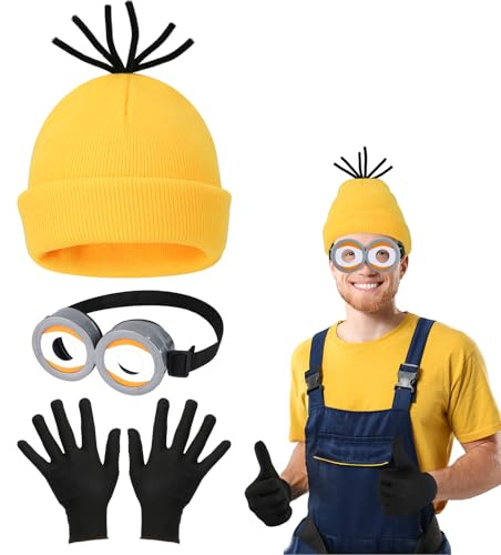 3 st halloweenkostymer tillbehör vuxna barn, vintage steampunk glasögon gul mössa stickade mössor svarta handskar set, gul hatt och skyddsglasögon handskar för halloween cosplay fest maskeraddräkt