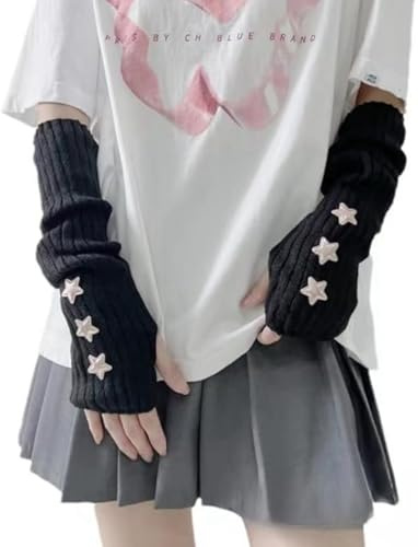 POHADON Arm Warmers Y2k Fingerless Gloves for Women Girls Cute Fall Winter Arm Sleeves Grunge Accessories Harajuku fashion (One Size,Black)