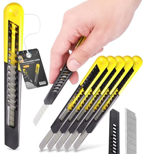 5x Cuchillo Cortador Cúter de Cuchillas Profesional De Hoja Quebradiza 9 mm Cortadora De Alfombras Cortadora De Cartón Seguridad Con Retracción De Tapicero Gráfico