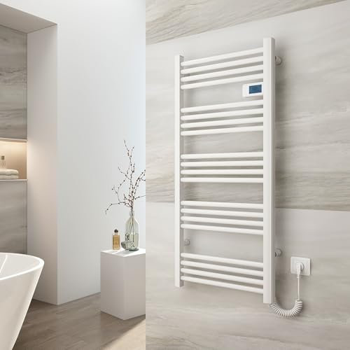 EMKE Handtuchheizkörper Elektrisch 1200 x 540 mm Elektrischer Badheizkörper mit Touchschalter Timer, Handtuchtrokner Handtuchwärmer Elektrisch Handtuchheizung Weiß 600W