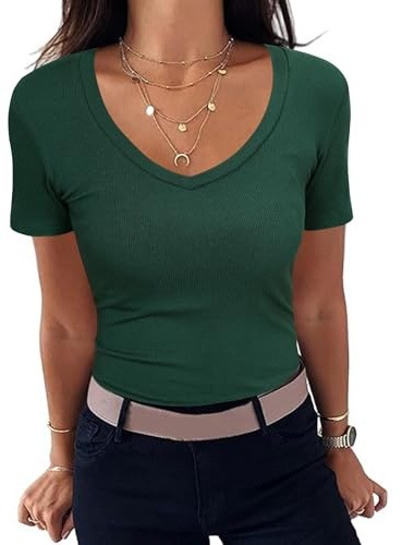 Aottori T Shirt Côtelé Femme Col V Manches Courtes Coupe Ajustée Été | Maille côtelée, col V avec manches courtes, coupe ajustée, adapté au quotidien bureau ou sortie, en ville comme en vacances