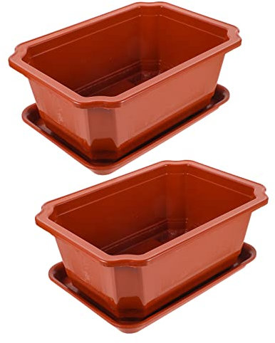 BESPORTBLE Rectangle Plastic Bonsai Pots: 2 Pack Rectangle Bonsai Training Pots with Drainage Holes and Trays for Succulents Flowers Plants for Garden Yard Living Room Balcony, 32X13X23cm