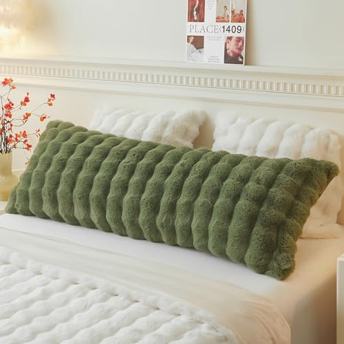 LIFEREVO Fluffy Faux Rabbit Fur Long Bolster Pillowcase, Soft Cozy Body Pillow Cover with Zipper, Plush Furry Waffle Bubble Long Bed Pillowcase for Pregnancy Women Side Sleeper, 4.6ft, Sage Green
