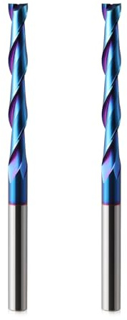 2 Pack Extra Long CNC Spiral Router Bits Up Cut 1/4 inch Shank, 2 inch Cutting Length Long Router Bits, 6.35mm Carbide End Mill with Nano Blue Coated Spiral CNC Router Bit for Wood Carving