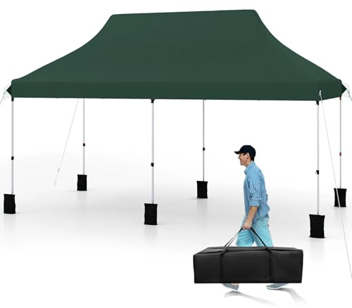 COSTWAY 3 x 6 m paviljong, vikbar paviljong, vattenavvisande, stabil, vintersäker, UV-skydd 50+, höjdjusterbart festtält, trädgårdspaviljong med bärväska, för trädgård, bröllop, fest (grön)