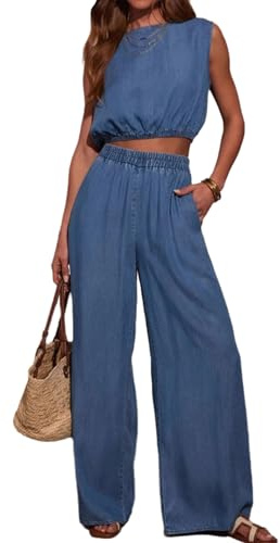 Conjunto de 2 Piezas de Mezclilla para Mujer, Top Corto de Mezclilla de Color sólido liviano y Jeans de Pierna Ancha, Conjunto de Mezclilla