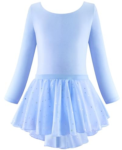 Generisch Jupe de ballet à manches longues, robe de danse, tenue tutu pour ballerine pour petite fille, bleu, 6-7 ans