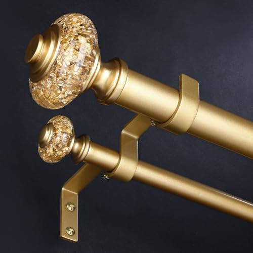 Wolistsa Gold Double Curtain Rods for Windows 66 to 120 Inch, 1 Inch Adjustable Decorative Crystal Long Dual Curtain Rod, Heavy Duty Vintage Double Drapery Pole with Gold Foil Finials for Living Room