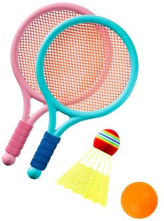 wueiooskj Barn Badmintonracketar Barn Badmintonbollar Racket Sportleksak Lätt Bakgård Lekplats Förbättra Färdigheter Badminton Tennisracket Set Sportleksak, Blå och rosa, 39x19.5 cm