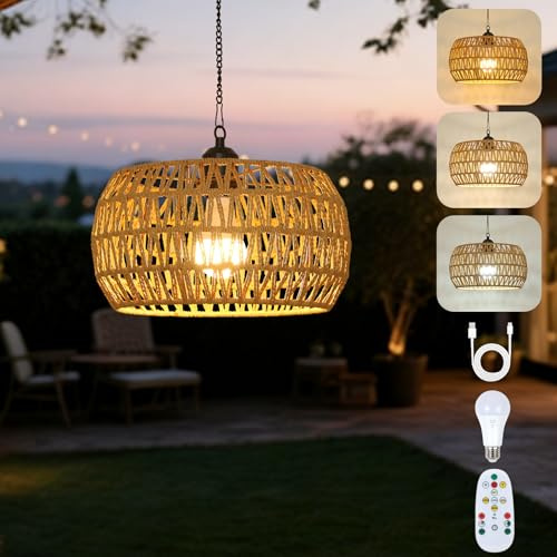 Stepeak Akku Hängelampe Outdoor, Boho Hängelampe mit Batterie, Rattan Hängeleuchte mit Akku, Außen USB Hängeleuchte Outdoor Batterie mit Fernbedienung, Große Lampenschirm Hängend für Balkon Terrasse