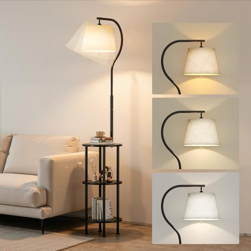 Thalyrnn Lámpara de pie con estantería de 3 niveles, arco moderno 155 cm, rotación 350° y pantalla inclinable 120°, 3 temperaturas de color, lámpara esquinero para salón, dormitorio u oficina
