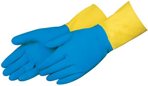 Liberty 2570SP Neoprene/Latex Liquid Proof Unsupported Glove with Flock Lined, Chemical Resistant, 28 mil Thickness, 13 Length, Large, Blue/Yellow (Pack of 12)